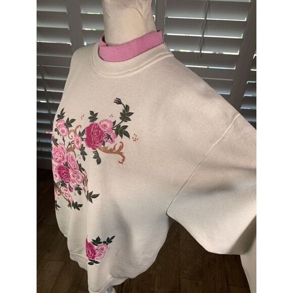 Vtg Grandma Core Double Collar White Pink Flowers Sweatshirt M/L K Hamilton - Picture 8 of 12